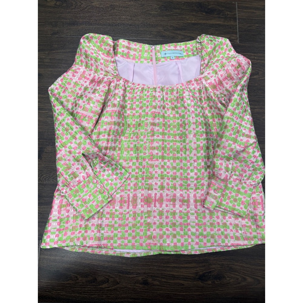 Tuckernuck Pink & Green Jacquard Square Neck Puff Sleeve Blouse - Size M